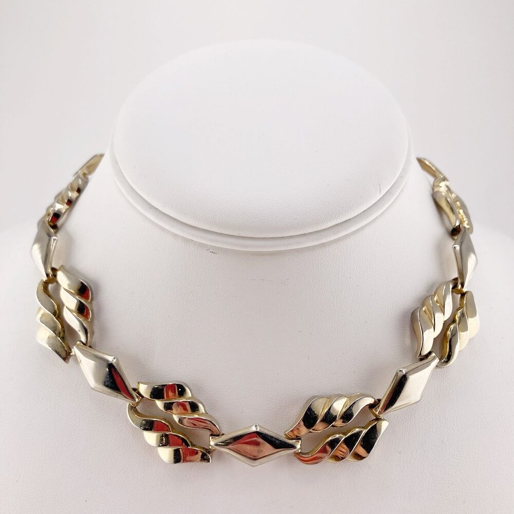 VINTAGE Silvery gold all-metal diamond and wavy cloud shaped choker necklace